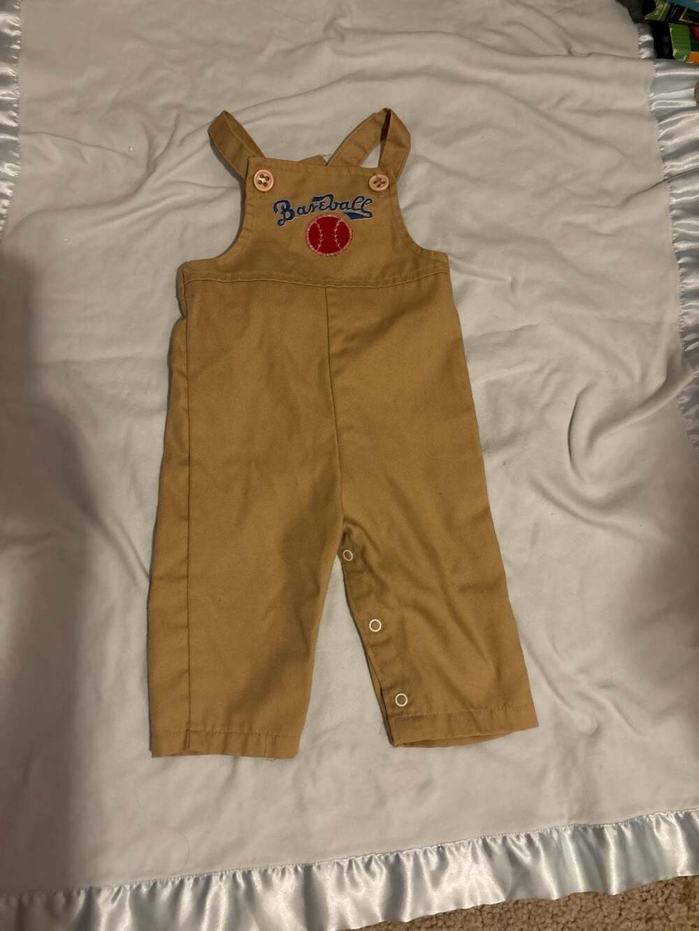 Vintage Health-tex Baby Baseball Overalls Tan 12 Months